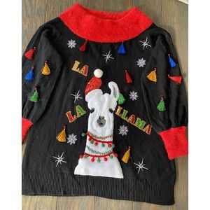 HOLIDAY TIME Ugly Christmas Sweater LLAMA Tassels Embroidered Size L 12-14